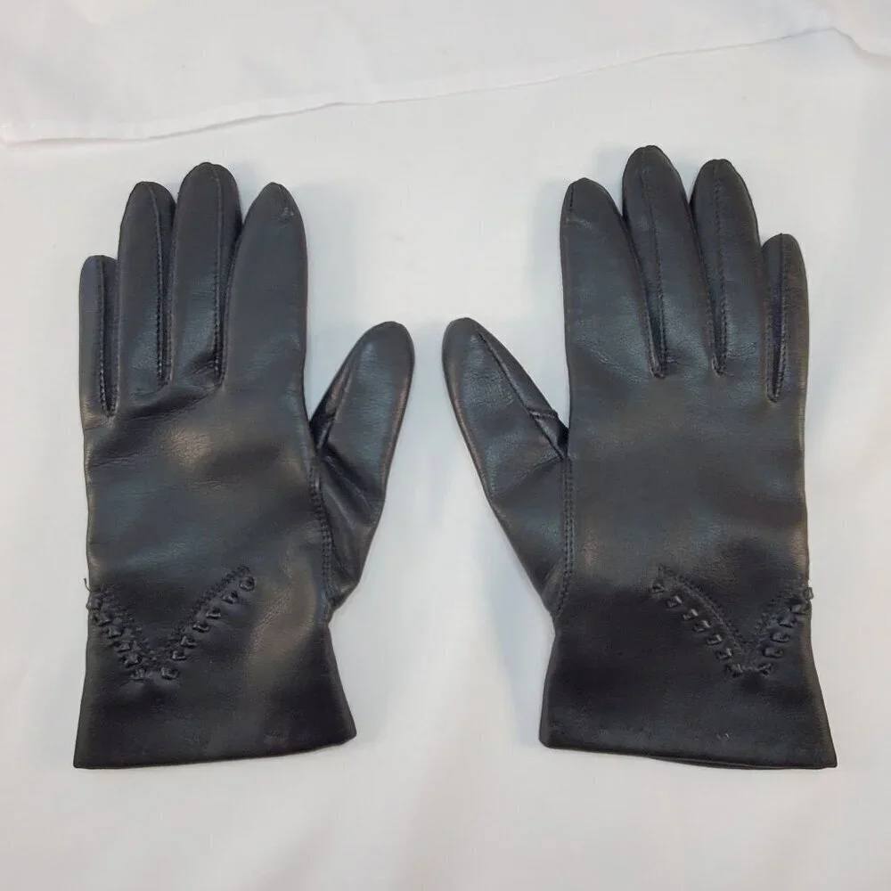 Vintage Avon Womans Black Vinyl Gloves Lined W/ Fleece Size Small Driving Gloves